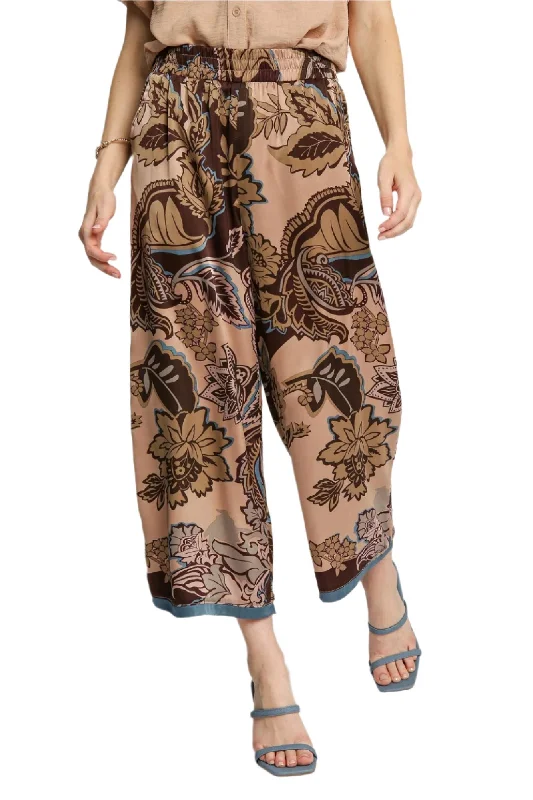 Umgee Brown Mix Paisley Print Pants Elegant Trouser Pants