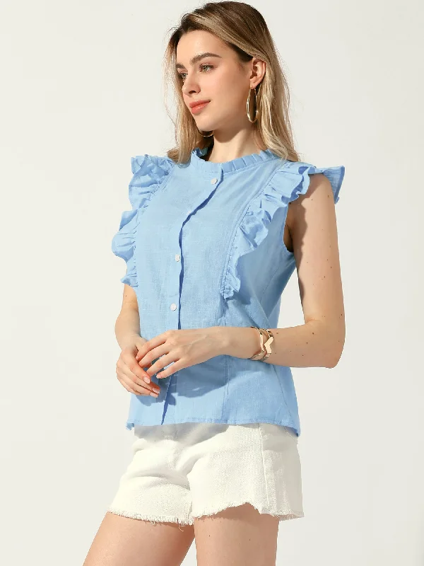 Summer Ruffle Round Neck Button Up Casual Sleeveless Blouse Chic Wrap Blouse