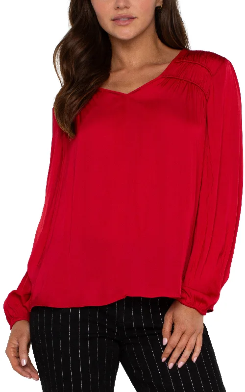 Liverpool Long Sleeve V Neck Woven Blouse w/ Shirring (Tango Red) Sweetheart Neck Blouse