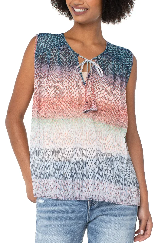 Liverpool tie front shirred sleeveless blouse (ombre snake print) Classic White Blouse