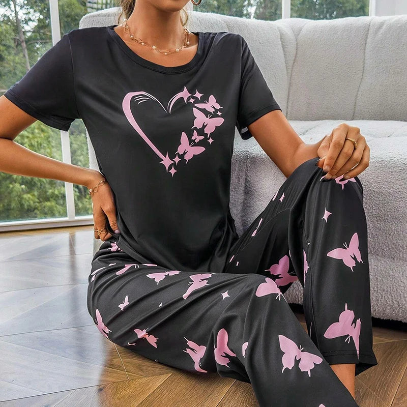 Autumn Women Pajama Sets Cartoon Printing Tops With Long Pants Pajamas Sleepwear Pijama Mujer Women's Home Clothes Pj Sets Trendy Printed Pants