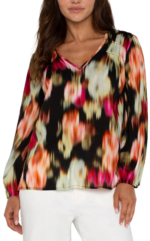 Liverpool Long Sleeve V Neck Woven Blouse w/ Shirring (Star Ruby Floral) Satin Bow Blouse