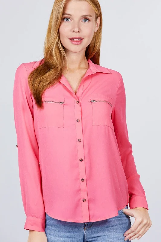 3/4 Roll Up Sleeve Pocket W/zipper Detail Woven Blouse Chic Off-Shoulder Blouse