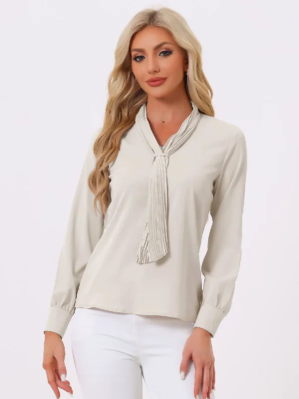 Long Sleeve Pleated Tie Neck Office Chiffon Blouse Boho Chic Blouse