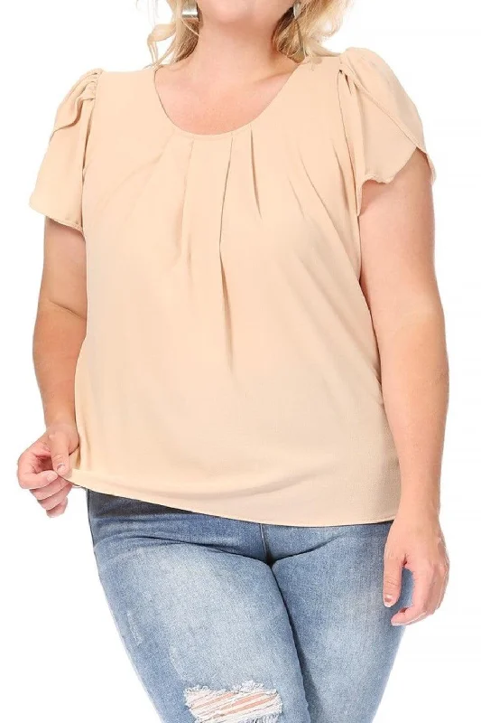 Women's Plus Size Casual Solid Pleated Front Petal Cap Sleeve Round Neck Blouse Cotton Casual Blouse