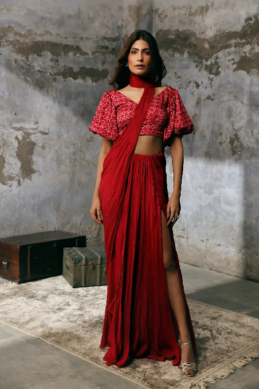 Ruby red slit pre stiched saree with printed balloon sleeves blouse Loose Fit Blouse Ruby red slit pre stiched saree with printed balloon sleeves blouse Loose Fit Blouse