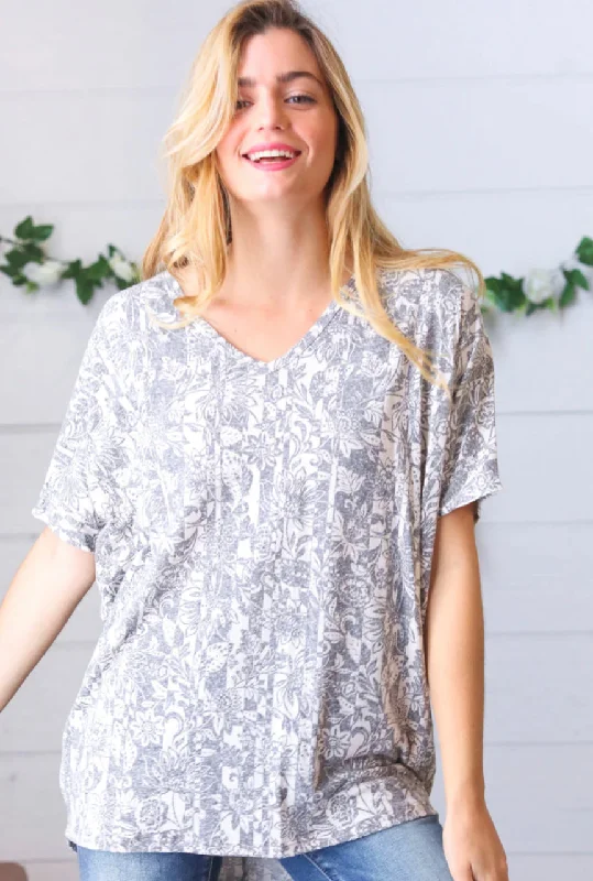 Grey Floral Dolman Blouse Peter Pan Blouse