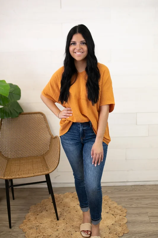 V Neck SS Blouse-Apricot Balloon Sleeve Blouse