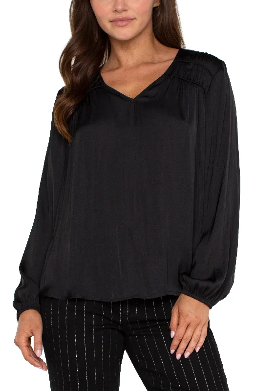 Liverpool Long Sleeve V Neck Woven Blouse w/ Shirring (Black) Feminine Pastel Blouse Liverpool Long Sleeve V Neck Woven Blouse w/ Shirring (Black) Feminine Pastel Blouse