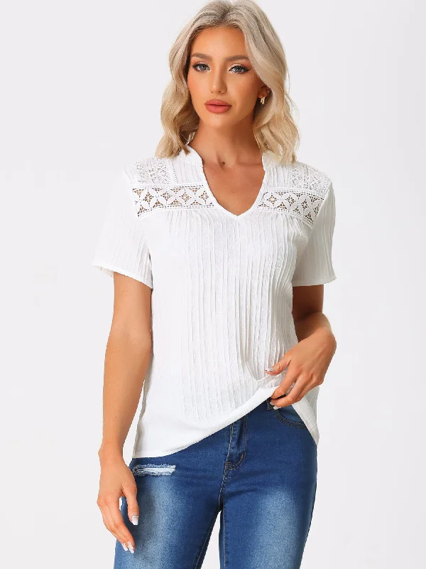 Summer V Neck Short Sleeve Crochet Trim Textured Blouse Ruched Sleeve Blouse