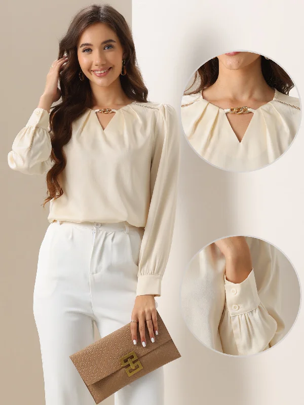 Chain Key Hole Puff Long Sleeves Work Blouse Stylish Wrap Blouse