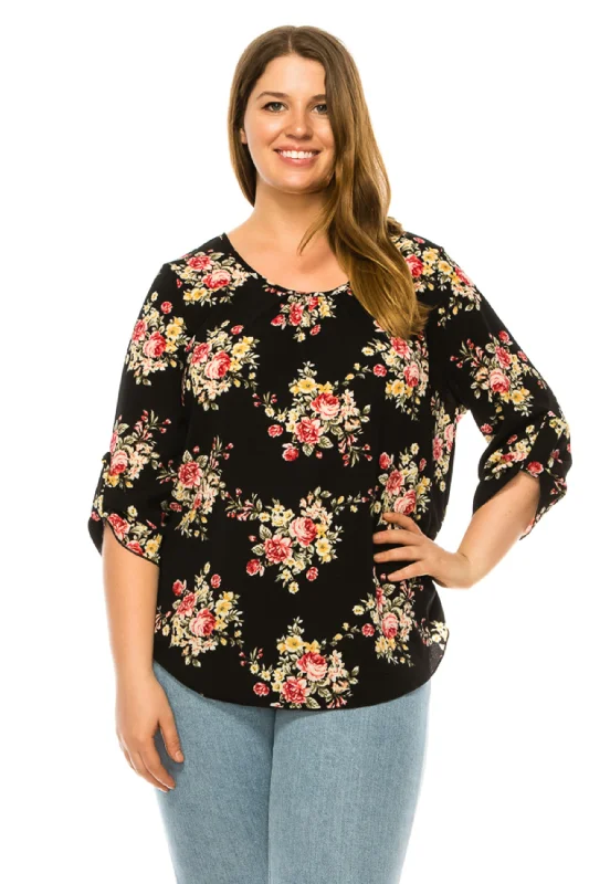 Women's Plus Floral Print Round Neck Roll Tab Sleeve Blouse Top Relaxed Fit Blouse