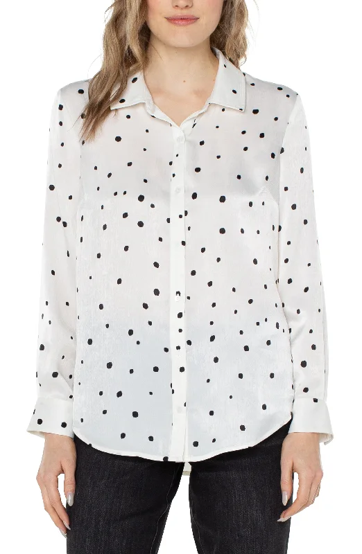 Liverpool Flap Pocket Button Front Woven Blouse (allover dot vanilla) Cotton Casual Blouse Liverpool Flap Pocket Button Front Woven Blouse (allover dot vanilla) Cotton Casual Blouse