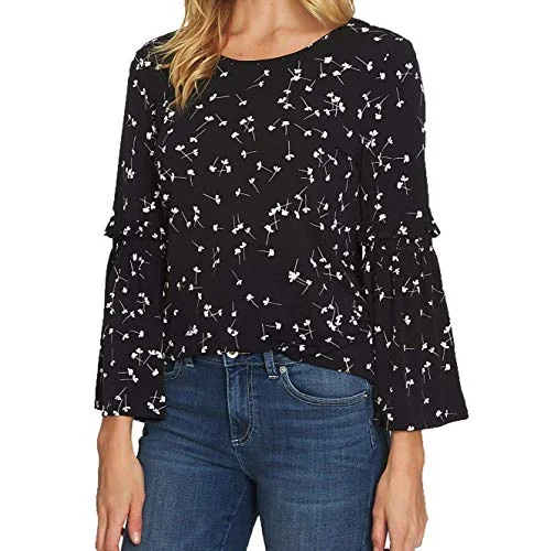 CeCe Womens Medium Floral-Print Bell-Sleeve Blouse Black M Chic Ruffle Blouse