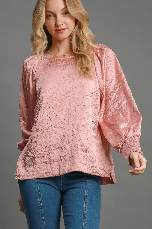 Umgee Wrinkled Round Neck Lantern Sleeve Blouse In Pink Flowy Bohemian Blouse