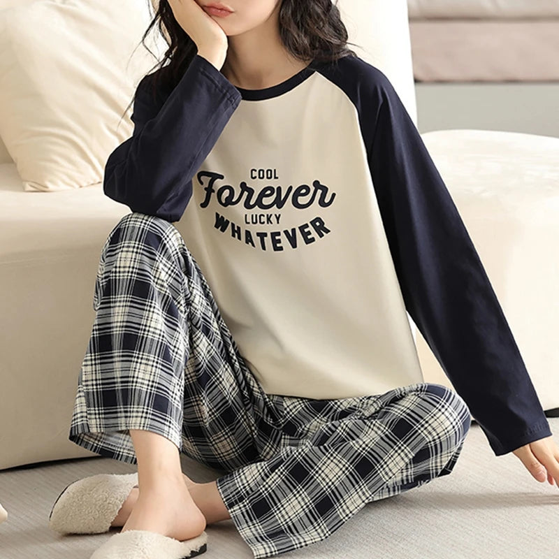 New Woman Pajamas Cotton Long Sleeves Plaid Pants Women Pijamas O-neck Ladies Pyjamas Letter Print Sleepwear Korean Loungewear Comfy Athletic Pants