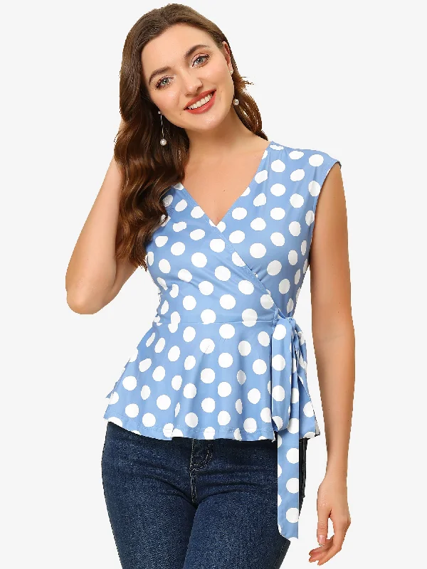 Sleeveless Elegant V Neck Self Tie Front Polka Dot Wrap Blouse Soft Knit Blouse