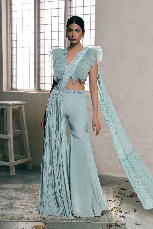 Mint Organza Ruffle blouse with bell bottom pants style saree set Boho Printed Blouse Mint Organza Ruffle blouse with bell bottom pants style saree set Boho Printed Blouse