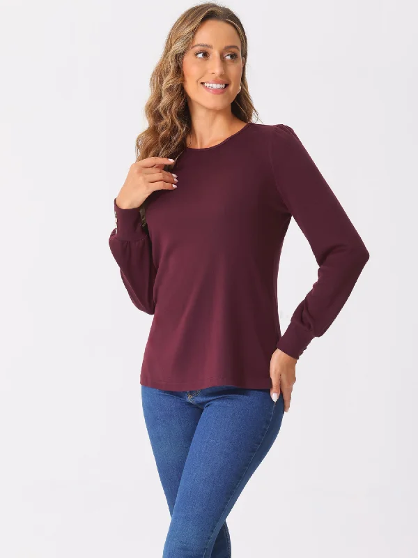 Basic Round Neck Long Sleeve Soft Casual Blouse Casual Relaxed Blouse