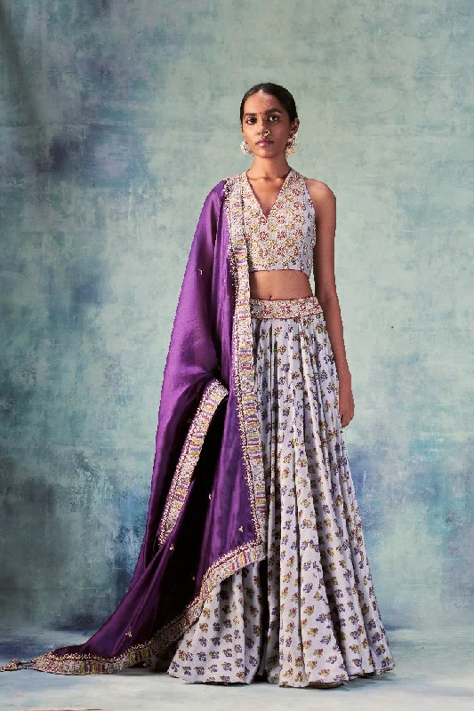 Grey Printed Lehenga Paired With Halter Neck blouse & Dupatta Mandarin Collar Blouse