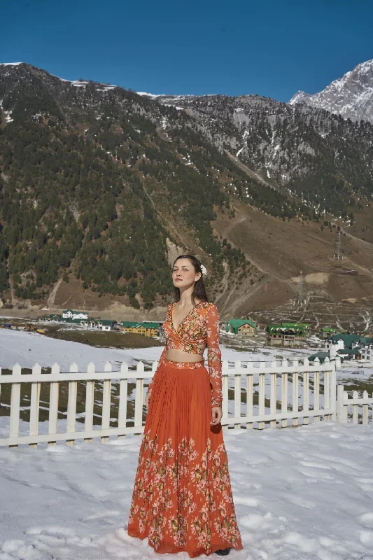 orange floral hand embroidered wrap blouse with pleated lehanga made in georgette fabric Stretchy Fitted Blouse orange floral hand embroidered wrap blouse with pleated lehanga made in georgette fabric Stretchy Fitted Blouse