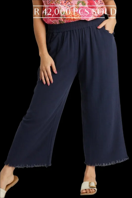 PLUS Umgee Linen Wide Leg Pant with Frayed Hem Relaxed Linen Pants