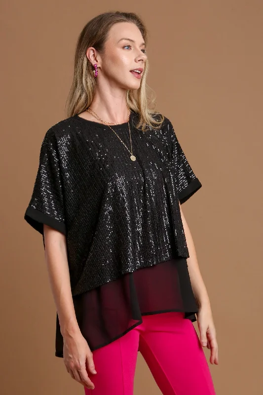 Umgee Sequin Half Sleeve Layered Blouse Short Sleeve Blouse