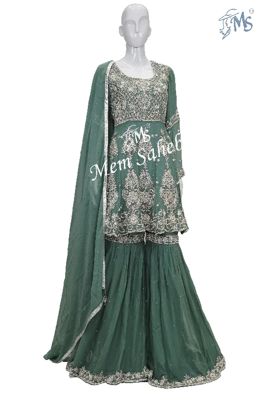Indo Western Olive green Designer Frock Top Stone work and Gharara pant Trendy Printed Leggings Indo Western Olive green Designer Frock Top Stone work and Gharara pant Trendy Printed Leggings