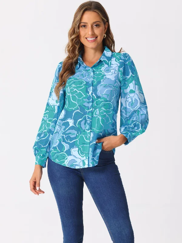 Floral Button Up Puff Long Sleeve Casual Blouse Smart Business Blouse