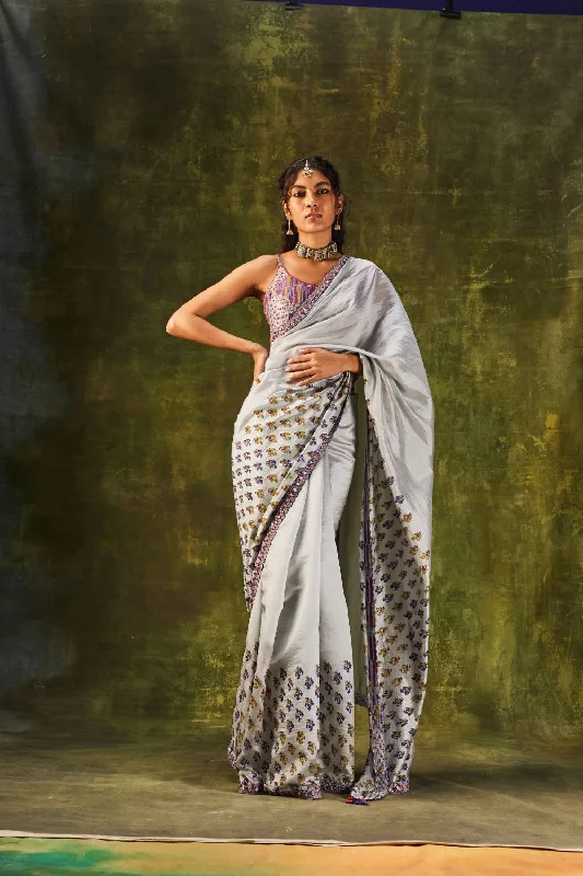 Grey Printed Cutwork Saree With Strappy Blouse Floral Print Blouse