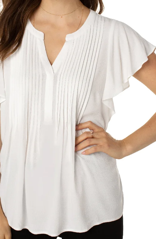 Liverpool Flutter Sleeve Popover Blouse w pin tuck (solid) Drape Neck Blouse