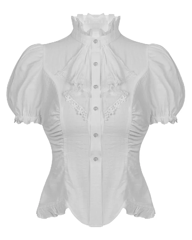 Dark In Love Gothic Steampunk Short Sleeve Ruffle Blouse - White Modern Work Blouse