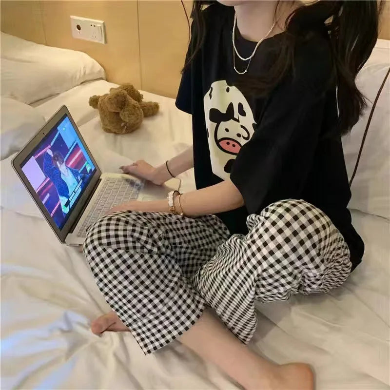 Women Pajamas Sleepwear Pajama Set Summer Ladies Homewear Comfortable Clothing Girls Cartoon Half-sleeved Long Pants Two-pcs Set High-Waist Trousers