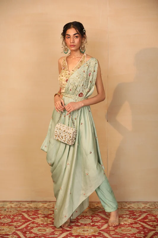 Ares Mint Drape Saree With Organza Blouse Feminine Puff Blouse