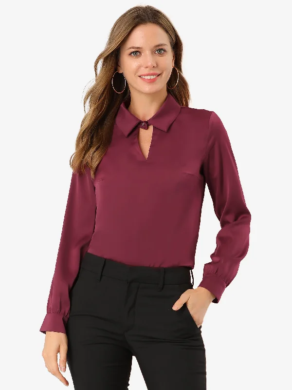 Silky Satin Long Sleeve Elegant Office Keyhole Collared Blouse Frilled Cuff Blouse