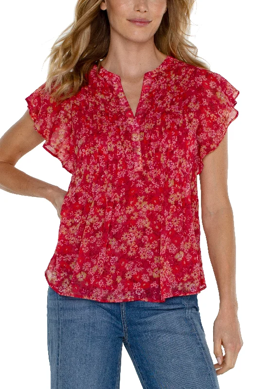 Liverpool Double Layer Flutter Sleeve Blouse (berry blossom floral) Loose Fit Blouse Liverpool Double Layer Flutter Sleeve Blouse (berry blossom floral) Loose Fit Blouse