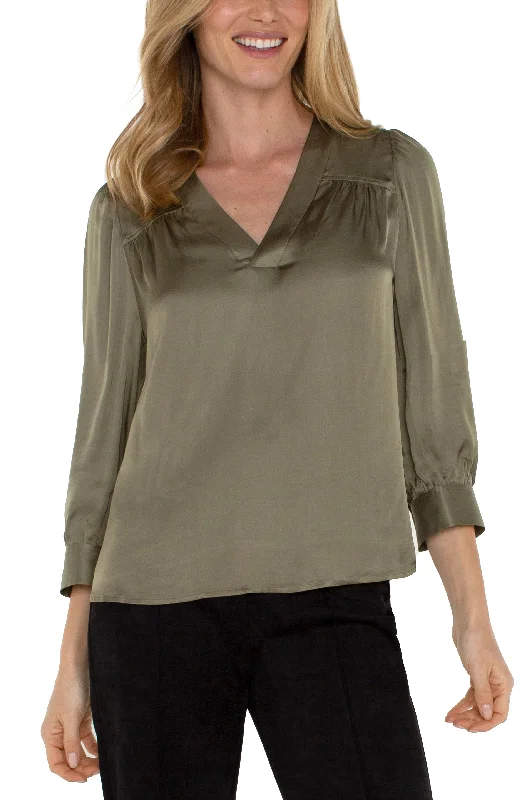 Liverpool Long Sleeve Pleated Neck Woven Blouse (Spanish Olive) Modern Work Blouse