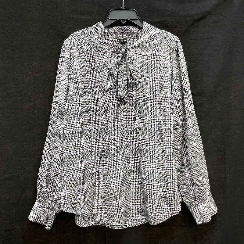 NWT Wmns TORRID Purple Black Plaid Pussy Bow Long Puff Sleeve Satin Blouse Sz 1X Relaxed Fit Blouse