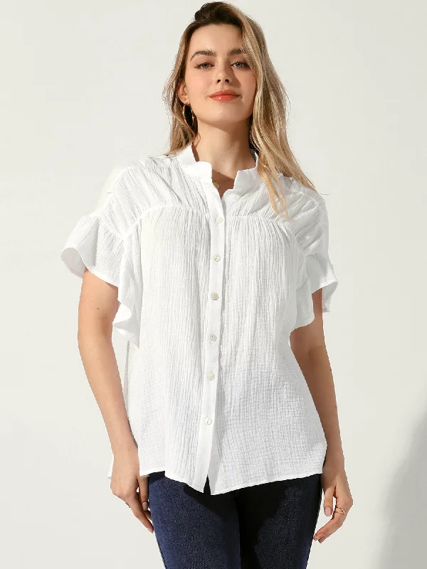 Button Up Textured Ruffle Sleeve Casual Blouse Casual Relaxed Fit Blouse