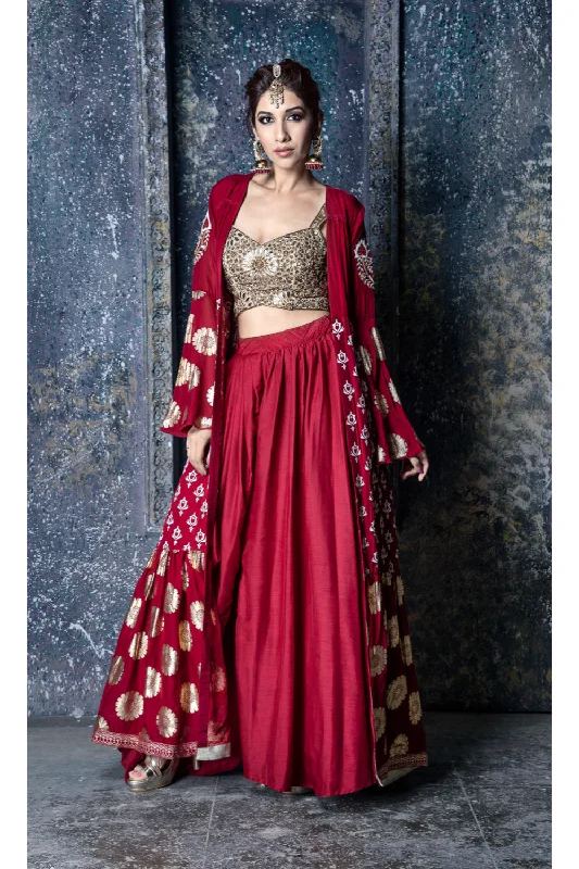 Gold leather applique embroidered blouse with red draped slit skirt & foil printed organza cape with sleeve embroidery Ruched Sleeve Blouse