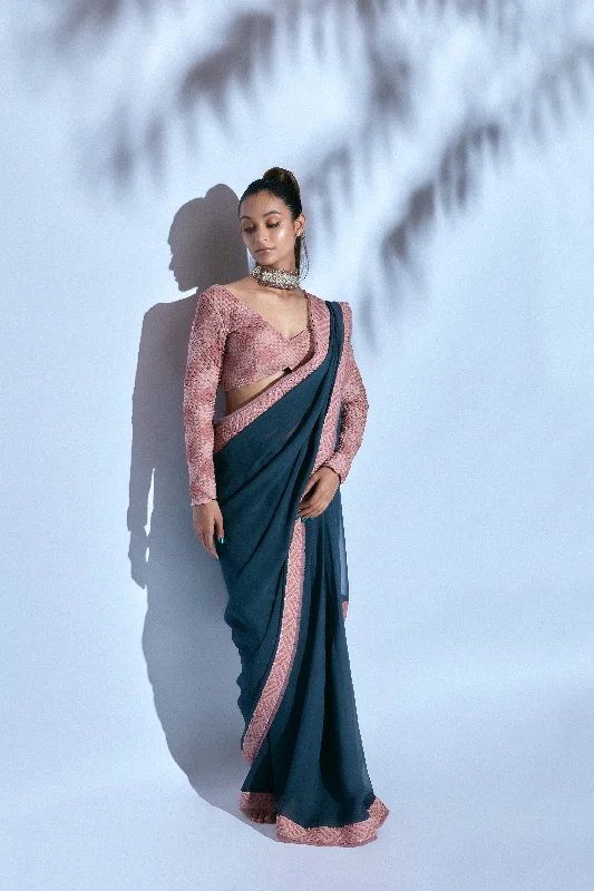 Teal Hand-embroidered Sari paired with Pink Hand-embroidered Blouse Polished Work Blouse Teal Hand-embroidered Sari paired with Pink Hand-embroidered Blouse Polished Work Blouse