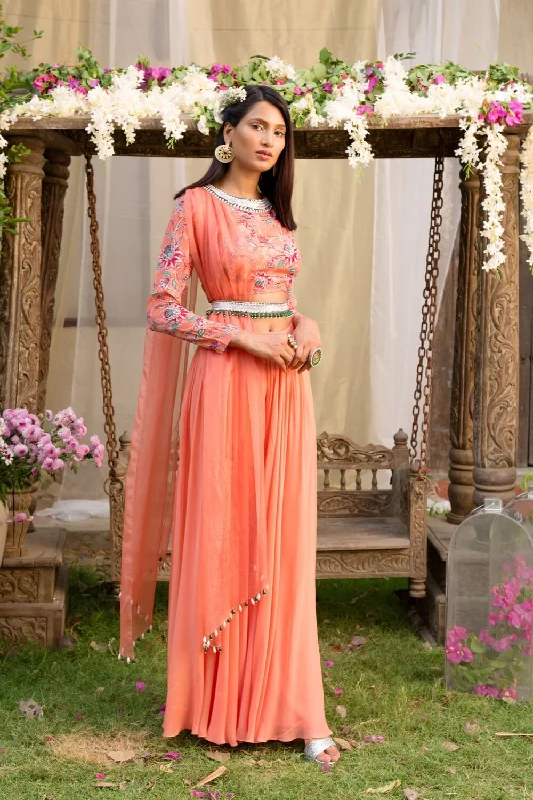 Coral Printed Blouse With Attached Dupatta And Palazzo With Embroidered Belt Side Tie Blouse