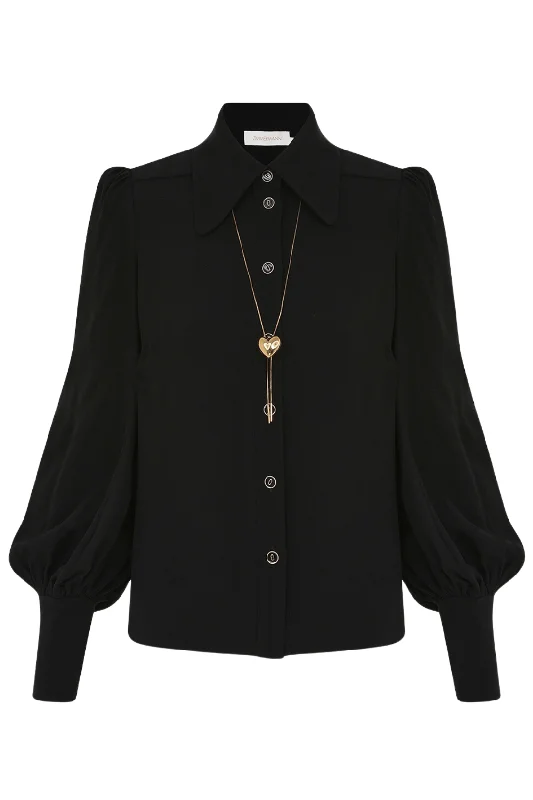 Collared Blouse | Black Satin Long Blouse
