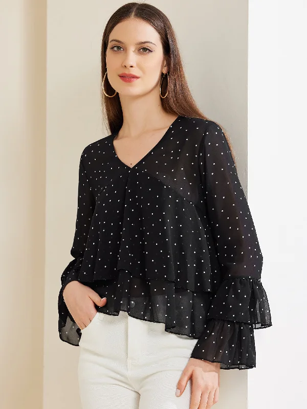 Polka Dot Mesh Long Sleeve Flouncing Casual Blouse Elegant Peplum Blouse