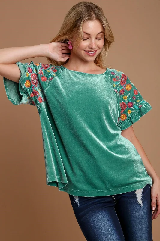 Umgee Velvet Embroidery Short Sleeve Blouse In Turquoise Oversized Silk Blouse