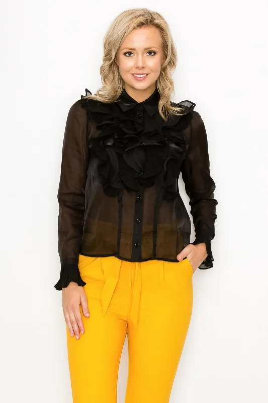 Ruffle Trim Long Sleeve Blouse Elegant Lace Blouse