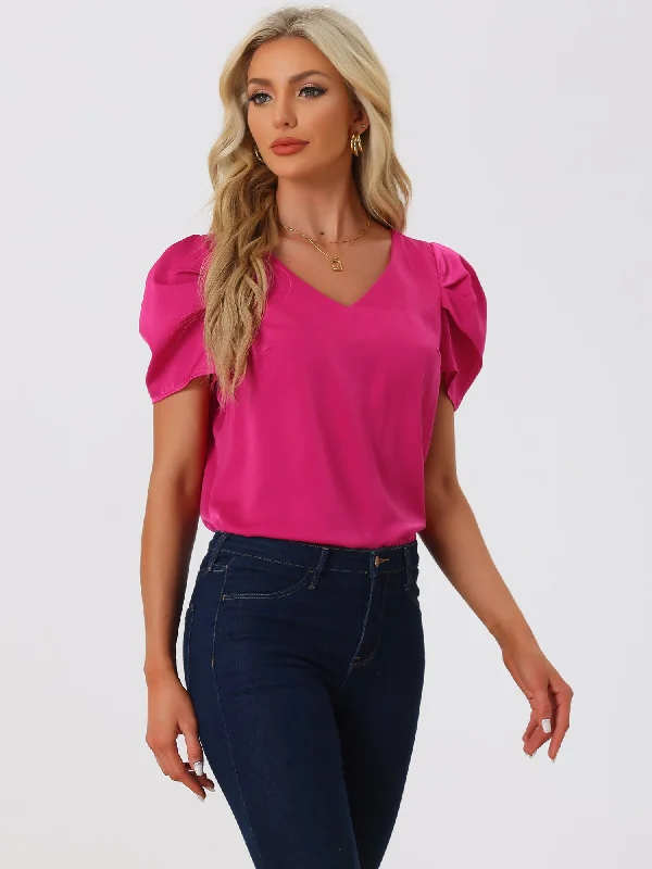 Satin Blouse V Neck Short Puff Sleeve Casual Tops Soft Satin Blouse