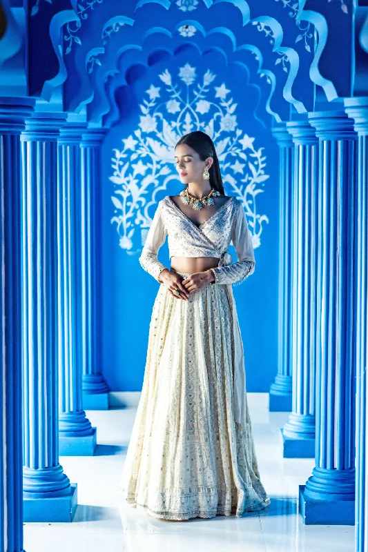 Ivory lucknowi lehenga with overlap blouse Peter Pan Blouse