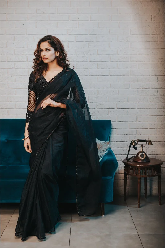 Midnight blue organza saree with embroidered blouse Pastel Color Blouse