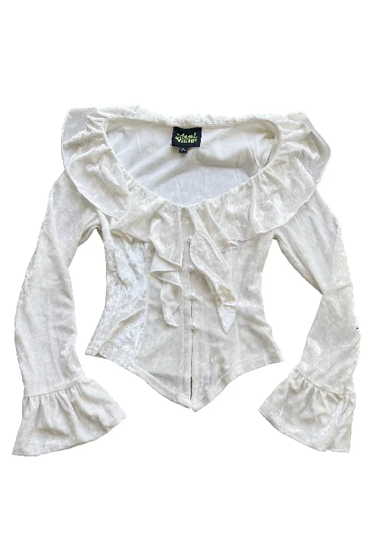 Vampy White Velvet Ruffle Blouse Casual Button Blouse